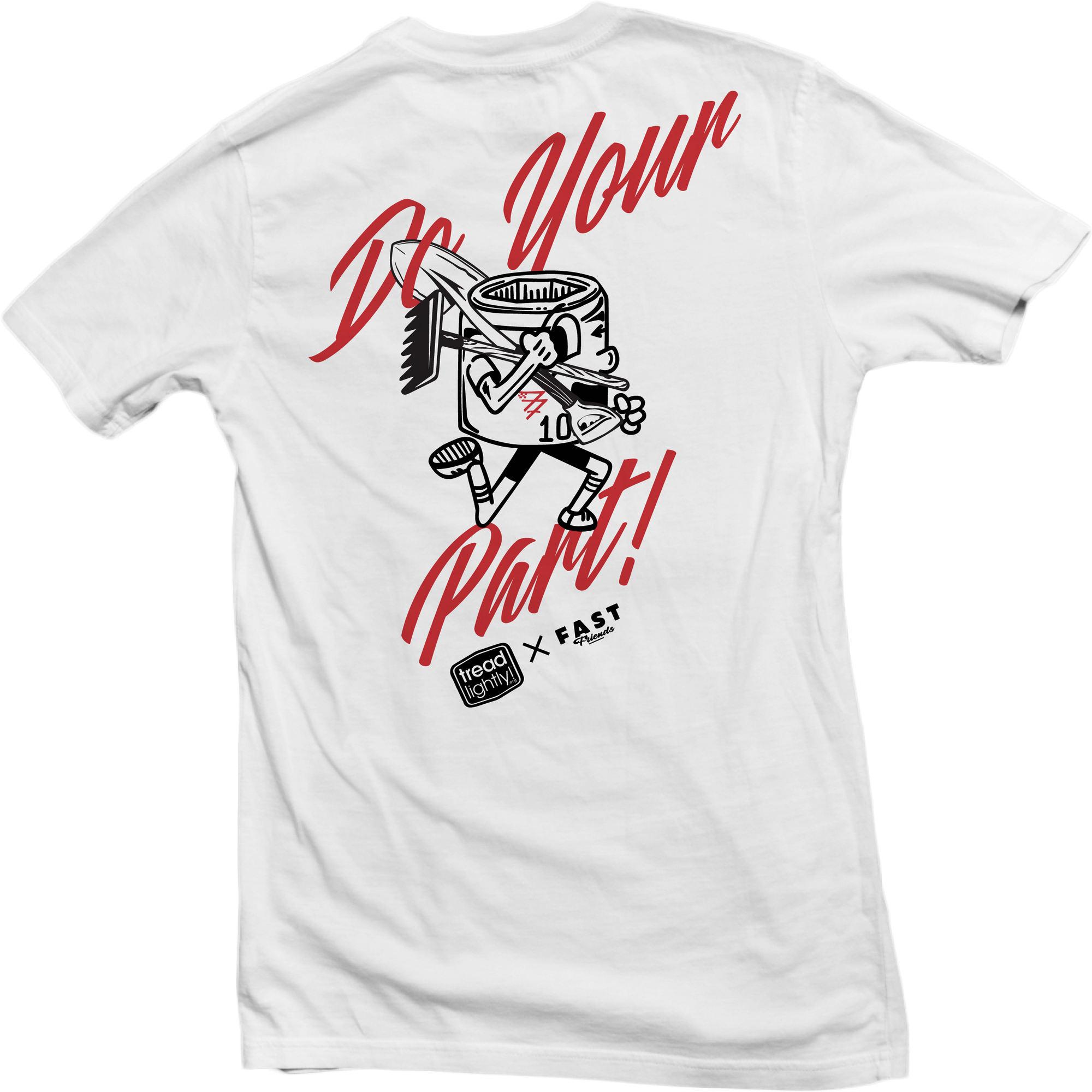 White t-shirt with text 'Do Your Part' and an illustration of a vehicle on the back.